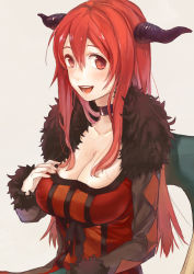 Rule 34 | 10s, 1girl, bad id, bad pixiv id, breasts, chair, choker, cleavage, collarbone, fly 333, fur trim, horns, huge breasts, long hair, looking at viewer, maou (maoyuu), maoyuu maou yuusha, open mouth, red eyes, red hair, sitting, smile, solo