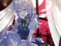 Rule 34 | 2girls, apron, bat wings, blue dress, blue eyes, blush, braid, breasts, commentary request, dress, eyelashes, green ribbon, hair between eyes, hair ribbon, hand on another&#039;s head, hat, hat ribbon, highres, izayoi sakuya, lap pillow, light purple hair, maid, maid apron, maid headdress, medium breasts, medium hair, mob cap, motherly, multiple girls, neck ribbon, open mouth, parted lips, puffy short sleeves, puffy sleeves, red ribbon, red sky, remilia scarlet, ribbon, short hair, short sleeves, sidelocks, silver hair, sky, sleeping, standing, touhou, tress ribbon, twin braids, user mkzn4843, white curtains, window, wings