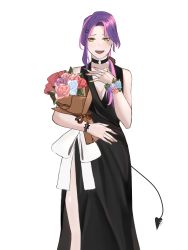 Rule 34 | 1girl, absurdres, alternate hairstyle, black choker, black dress, bouquet, choker, demon tail, dress, flower, green eyes, hair ornament, hairclip, hand on own chest, highres, hololive, istellia, long dress, looking at viewer, multicolored hair, multicolored nails, nail polish, open mouth, piercing, pink hair, purple hair, side slit, simple background, solo, streaked hair, tail, tail ornament, tail piercing, tokoyami towa, virtual youtuber, white background