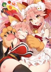 Rule 34 | 2girls, animal ear fluff, animal ears, animal hands, apron, bare shoulders, bell, blush stickers, breasts, byulzzi, cat hair ornament, cat paws, cleavage, closed eyes, collar, commentary request, cowboy shot, dual persona, eating, fang, fang out, fangs, fate/grand order, fate (series), food, fox ears, fox tail, gloves, hair between eyes, hair ornament, head tilt, japanese clothes, jingle bell, kimono, large breasts, long hair, looking at another, maid headdress, messy hair, multiple girls, naked apron, neck bell, omelet, omurice, open mouth, paw gloves, paw print, paw shoes, pink hair, plaid, plaid background, ponytail, red kimono, shoes, sidelocks, tail, tamamo (fate), tamamo cat (fate), tamamo cat (first ascension) (fate), tamamo cat (third ascension) (fate), thighhighs, thighs, variations