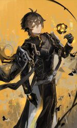Rule 34 | 1boy, antenna hair, armor, black gloves, black shirt, brown hair, changpao, chinese clothes, closed mouth, commentary, dichlorvos, eyeshadow, genshin impact, ginkgo leaf, gloves, gold trim, hair between eyes, hand up, highres, leaf, long hair, long sleeves, looking at viewer, makeup, male focus, mandarin collar, official alternate costume, orange background, pants, ponytail, red eyeshadow, shirt, shoulder armor, simple background, smile, solo, sparkle, standing, symbol-only commentary, white pants, yellow eyes, zhongli (genshin impact), zhongli (lantern rite) (genshin impact)