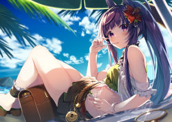 Rule 34 | 1girl, animal ears, ankle strap, bag, bare shoulders, belt, blue sky, blush, bracelet, cat ears, cat girl, cloud, cup, drinking glass, eating, flower, food, frills, from side, gurasion (gurasion), hair flower, hair ornament, handbag, in mouth, jewelry, kasumi (princess connect!), kasumi (summer) (princess connect!), knees up, long hair, looking at viewer, looking to the side, lying, miniskirt, off shoulder, on back, outdoors, palm leaf, ponytail, princess connect!, purple eyes, purple hair, shade, skirt, sky, solo, water