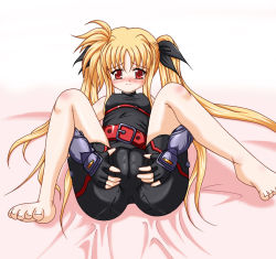 Rule 34 | 00s, 1girl, bed, blonde hair, cameltoe, cleft of venus, fat mons, fate testarossa, female focus, long hair, lyrical nanoha, mahou shoujo lyrical nanoha, pussy, red eyes, scarlet (infinity), solo, twintails, white background