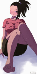 Rule 34 | 1girl, barefoot, bike shorts, black hair, blush, breasts, breath, check commentary, commentary, commentary request, dragon ball, dragon ball (classic), dragon ball super, earrings, highres, jewelry, kale (dragon ball), kamuitouji, knees up, large breasts, lips, looking at viewer, one eye closed, parted bangs, parted lips, ponytail, red eyes, red shirt, shadow, shirt, signature, sitting, solo, sweat, t-shirt, toenails, white background