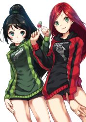 Rule 34 | 2girls, akali, akali (legacy), alternate costume, black hair, blue eyes, candy, contrapposto, food, green eyes, hand on own thigh, jacket, kamome yuu, katarina (league of legends), league of legends, lollipop, multiple girls, ponytail, red hair, scar, short shorts, shorts, smile, standing, sweater, track jacket