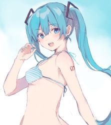 Rule 34 | 1girl, absurdres, aqua eyes, aqua hair, arm up, hand up, hatsune miku, heremia, highres, long hair, looking at viewer, nail, open mouth, smile, solo, swimsuit, tattoo, twintails, upper body, very long hair, vocaloid