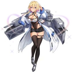 Rule 34 | 1girl, :d, artist request, azur lane, black thighhighs, blonde hair, blue eyes, breast tattoo, breasts, cannon, cleavage, coat, grin, gyaru, hair ornament, hairclip, highres, id card, large breasts, long sleeves, machinery, marblehead (azur lane), multicolored hair, navel piercing, official art, open mouth, piercing, short hair, short hair with long locks, short shorts, shorts, skindentation, smile, solo, streaked hair, tattoo, thighhighs, transparent background, turret