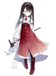 Rule 34 | 1girl, axe, black hair, blue eyes, blush, boots, brown pantyhose, capriccio, closed mouth, collared shirt, commentary request, cross-laced footwear, dated, fingernails, frilled skirt, frills, full body, hair between eyes, high-waist skirt, hime-chan to maou, holding, holding axe, juliet sleeves, lace-up boots, long hair, long sleeves, original, pantyhose, puffy sleeves, red footwear, red neckwear, red skirt, shadow, shirt, signature, skirt, sleeves past wrists, solo, tiara, very long hair, white shirt