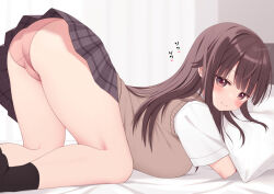 Rule 34 | 1girl, artist name, ass, black skirt, black socks, blush, breast press, breasts, brown hair, brown sweater vest, feet out of frame, grey eyes, imminent penetration, large breasts, long hair, looking at viewer, mao-chan (uramakaron), on bed, original, paid reward available, panties, pillow, pink panties, plaid, plaid skirt, red pupils, shirt, simple background, skirt, smile, socks, solo, sweater vest, thighs, top-down bottom-up, underwear, uramakaron, white shirt