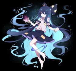 Rule 34 | 1girl, absurdly long hair, ahoge, bangle, barefoot, bing zizi, black background, blue bow, blue eyes, blue hair, blue skirt, bow, bowl, bracelet, commentary, damaged, debt, drawstring, floating hair, full body, hair between eyes, hair bow, highres, holding, holding bowl, hood, hood down, hoodie, jewelry, long hair, looking at viewer, parted lips, short sleeves, skirt, slit pupils, solo, touhou, very long hair, yorigami shion