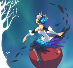 Rule 34 | 1girl, armor, armored dress, blue background, dress, gwendolyn (odin sphere), multicolored wings, odin sphere, solo, strapless, strapless dress, tako ashin, wings