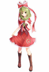 Rule 34 | 1girl, absurdres, bad id, bad pixiv id, blush, boots, cross-laced footwear, dress, dress tug, female focus, front ponytail, full body, green eyes, green hair, hair ribbon, highres, kagiyama hina, long hair, looking at viewer, matching hair/eyes, mushroom (artist), puffy sleeves, red dress, ribbon, short sleeves, simple background, smile, solo, touhou, white background