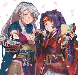 Rule 34 | 91007, arm guards, black gloves, blue scarf, closed eyes, eyelashes, fingerless gloves, fire emblem, fire emblem: radiant dawn, fire emblem heroes, gloves, grey hair, headband, highres, holding, holding hands, holding scroll, interlocked fingers, japanese clothes, long hair, long sleeves, micaiah (fire emblem), micaiah (ninja) (fire emblem), ninja, nintendo, official alternate costume, official alternate hairstyle, ponytail, purple hair, red headband, sanaki kirsch altina, sanaki kirsch altina (ninja), scarf, scroll, shuriken, smile, teeth, weapon, white background, wide sleeves