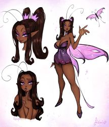 Rule 34 | 1girl, absurdres, antennae, artist name, bare arms, bare legs, bare shoulders, brown hair, bug, butterfly, butterfly wings, choker, commentary, dark-skinned female, dark skin, dress, english commentary, eyeshadow, fairy, highres, insect, insect wings, lips, long hair, looking at viewer, makeup, matilda fiship, multiple views, one eye closed, original, parted lips, pink eyes, pointy ears, sidelocks, simple background, twintails, white background, wings