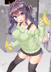 Rule 34 | 1boy, 1girl, puff of air, ahoge, banana, black hair, black skirt, black thighhighs, blush, breasts, cabinet, collarbone, covered erect nipples, crossed bangs, cup, food, fruit, fuuri-chan (mokufuu), hair ornament, holding, holding cup, holding food, holding fruit, impossible clothes, impossible sweater, indoors, large breasts, legs apart, long hair, looking at viewer, miniskirt, mokufuu, off-shoulder, off-shoulder sweater, off shoulder, open mouth, original, out of frame, pleated skirt, purple eyes, skirt, solo focus, spaghetti strap, standing, sweater, teeth, thighhighs, thighs, translation request, twintails, twitter username, wavy hair, x hair ornament