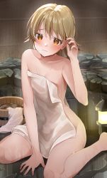 Rule 34 | 1girl, absurdres, bare shoulders, blonde hair, blush, bucket, collarbone, commentary, completely nude, covering privates, embarrassed, fence, tucking hair, hand up, highres, huge filesize, idolmaster, idolmaster cinderella girls, lantern, looking at viewer, morikubo nono, ningen mame, nude, nude cover, onsen, sitting, solo, stone, towel, wariza, water drop, wet, wet hair, wooden bucket, wooden fence