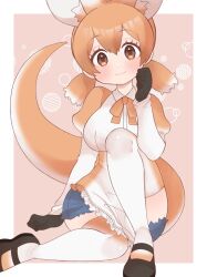 Rule 34 | 1girl, animal ears, apron, black footwear, blush, bow, bowtie, brown eyes, brown hair, commentary, extra ears, full body, gloves, hair between eyes, kangaroo ears, kangaroo girl, kangaroo tail, kemono friends, kemono friends 3, long hair, long sleeves, majikaru pokonyan, multicolored hair, red kangaroo (kemono friends), shirt, shoes, short hair, shorts, simple background, smile, solo, tail, thighhighs, twintails, white hair