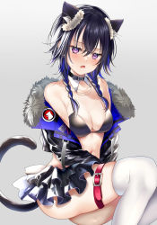 Rule 34 | 1girl, absurdres, alternate costume, animal ears, ass, bare shoulders, bikini, black bikini, black collar, black hair, black jacket, blue hair, blush, braid, breasts, cat ears, cat girl, cat tail, collar, collarbone, cropped jacket, crossed bangs, detached collar, earrings, fang, fur-trimmed jacket, fur trim, gradient background, highres, ichinose uruha, jacket, jewelry, layered skirt, long hair, long sleeves, looking at viewer, medium breasts, microskirt, multicolored hair, navel, off shoulder, open clothes, open jacket, pome charo, purple eyes, sitting, skindentation, skirt, solo, streaked hair, stud earrings, sweatdrop, swimsuit, symbol-shaped pupils, tail, thigh strap, thighhighs, twin braids, virtual youtuber, vspo!, white thighhighs