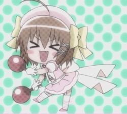 Rule 34 | &gt; &lt;, 10s, 1girl, :d, animated, animated gif, bow, brown hair, chibi, closed eyes, dancing, fang, haruna (korezom), hat, instrument, kore wa zombie desu ka?, maracas, non-web source, open mouth, smile, solo, thighhighs, xd