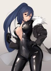 Rule 34 | 1girl, biker clothes, bikesuit, black bodysuit, black coat, blue hair, bodysuit, breasts, cleavage, clenched hand, coat, commission, contrapposto, cowboy shot, fur-trimmed coat, fur trim, gluteal fold, gradient background, grin, hair between eyes, hakugin006, hand on own hip, high ponytail, highres, jin sahyuk, long hair, looking at viewer, medium breasts, no bra, open bodysuit, open clothes, open coat, partially unzipped, ponytail, red eyes, shiny clothes, smile, solo, standing, the novels extra