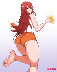 Rule 34 | 1girl, alcohol, ass, barefoot, beer, cordelia (fire emblem), feet, fire emblem, fire emblem awakening, highres, hooters, long hair, nintendo, one eye closed, red eyes, red hair, seishinashi, serving, shorts, soles, solo, toes, wink