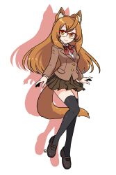 Rule 34 | 1girl, animal ear fluff, animal ears, black thighhighs, blazer, bow, breasts, brown footwear, brown hair, brown jacket, brown skirt, closed mouth, collared shirt, colored shadow, commission, dress shirt, drop shadow, glasses, hair between eyes, highres, jacket, long hair, long sleeves, looking at viewer, miniskirt, muu (mumumer), orange eyes, original, over-rim eyewear, pleated skirt, red-framed eyewear, red bow, semi-rimless eyewear, shadow, shirt, shoes, simple background, skeb commission, skirt, small breasts, smile, solo, tail, thighhighs, very long hair, white background, white shirt, zettai ryouiki