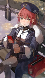 Rule 34 | 1girl, absurdres, blue hat, haru yu, hat, highres, hololive, houshou marine, jacket, long sleeves, open clothes, open jacket, open mouth, red eyes, red hair, short hair, smile, solo, virtual youtuber, winter, yellow eyes