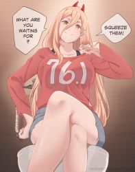 +_+ 1girl absurdres blonde_hair blush breasts chainsaw_man cross-shaped_pupils crossed_legs english_text hair_between_eyes hand_on_own_hip highres horns large_breasts long_hair looking_at_viewer mandytsune medium_breasts power_(chainsaw_man) shorts sitting smile solo symbol-shaped_pupils toilet yellow_eyes