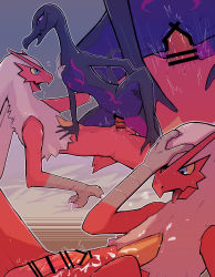 Rule 34 | 1boy, 1girl, absurdres, aftersex, bar censor, blaziken, blue eyes, censored, colored sclera, cowgirl position, creatures (company), cum, erection, furry, game freak, gen 3 pokemon, gen 7 pokemon, girl on top, hetero, highres, interspecies, k kp 18, navel, nintendo, nude, open mouth, penis, pokemon, pokemon (creature), pokephilia, purple eyes, salazzle, sex, slit pupils, straddling, tail, tongue, tongue out, vaginal, yellow sclera