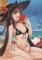 Rule 34 | 1girl, absurdres, bare arms, bare shoulders, beach, bikini, black bikini, blue sky, blush, boo tao (genshin impact), branch, breasts, brown eyes, brown hair, choker, collarbone, day, fingernails, flower, food, front-tie bikini top, front-tie top, fruit, genshin impact, hat, highleg, highleg bikini, highres, holding, holding food, hu tao (genshin impact), long hair, looking at viewer, nail polish, navel, ocean, open mouth, outdoors, ribbon, scan, shiny skin, side-tie bikini bottom, simple background, sitting, sky, small breasts, stomach, sun hat, swimsuit, symbol-shaped pupils, teeth, thigh strap, thighs, tony taka, tree, upper teeth only, watermelon, watermelon slice
