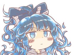 Rule 34 | 1girl, anonymous (japanese), blue bow, blue eyes, blue hair, blush, blush stickers, bow, closed mouth, grey hoodie, gyate gyate, hair bow, hood, hoodie, jaggy lines, long hair, portrait, short sleeves, solo, touhou, transparent background, yorigami shion
