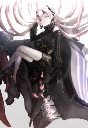 Rule 34 | 1girl, abyssal crane princess, abyssal ship, bad id, bad pixiv id, black gloves, colored skin, detached sleeves, earrings, full body, gloves, glowing, glowing eyes, hair between eyes, highres, horns, japanese clothes, jewelry, kantai collection, long hair, machinery, red eyes, sitting, solo, twintails, weasel (close-to-the-edge), white hair, white skin