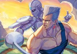 Rule 34 | 1boy, armor, artist name, biceps, blue eyes, clenched teeth, cloud, collarbone, commentary request, earrings, epee, evening, fighting stance, flattop, grey hair, holding, holding sword, holding weapon, jean pierre polnareff, jewelry, jojo no kimyou na bouken, looking ahead, male focus, mohammed avdol, muscular, muscular male, pectorals, rapier, shikabane (draw tadao14), silver chariot, spikes, spoilers, stand (jojo), stardust crusaders, sword, tall hair, teeth, upper body, weapon