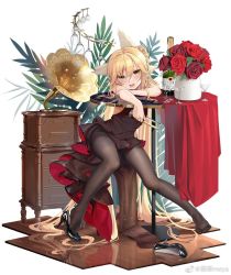 Rule 34 | 1girl, absurdly long hair, animal ears, black dress, black pantyhose, blonde hair, braid, champagne flute, crown braid, cup, dress, drinking glass, fang, fh moya, flat chest, flower, full body, high heels, highres, long hair, looking at viewer, open mouth, original, pantyhose, reflective floor, rose, solo, thighband pantyhose, very long hair, weibo watermark, yellow eyes