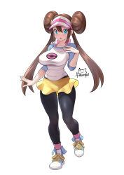 Rule 34 | 1girl, achromaru, arm at side, bag, black pantyhose, blue eyes, blush, bow, breasts, bright pupils, brown hair, collarbone, creatures (company), double bun, doughnut hair bun, game freak, hair bun, hand on own chest, hand up, hat, highres, large breasts, long hair, looking at viewer, nintendo, open mouth, pantyhose, pantyhose under shorts, pink bow, pokemon, pokemon (creature), pokemon bw2, raglan sleeves, rosa (pokemon), shirt, shoes, short shorts, shorts, signature, simple background, smile, sneakers, solo, standing, standing on one leg, twintails, visor cap, white background, yellow shorts