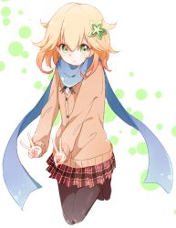 Rule 34 | 10s, 1girl, :&gt;, abstract background, bafarin, black pantyhose, blonde hair, blue scarf, blush, buttons, cardigan, dot nose, double v, flower, full body, gabriel dropout, green eyes, hair between eyes, hair flower, hair ornament, highres, jumping, legs together, light smile, long sleeves, looking at viewer, namori (style), neck ribbon, pantyhose, plaid, plaid skirt, pleated skirt, ribbon, scarf, school uniform, shiny clothes, shiny skin, short hair, simple background, skirt, solo, tapris chisaki sugarbell, tareme, v, wavy hair, white background