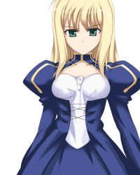 Rule 34 | 1girl, alternate hairstyle, artoria pendragon (all), artoria pendragon (fate), blonde hair, dress, fate/stay night, fate (series), green eyes, hair down, long hair, saber (fate), simple background, solo, syou (crecre)