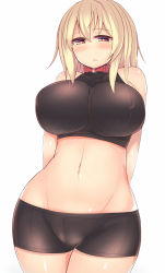 Rule 34 | 1girl, arms behind back, bare shoulders, blonde hair, blush, breasts, cameltoe, collar, curvy, female focus, highres, kubiwa (kutan), kutan, large breasts, long hair, looking at viewer, midriff, navel, open mouth, original, red eyes, shorts, simple background, solo, sports bra, standing, thick thighs, thighs, wide hips