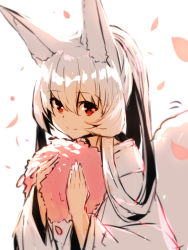 Rule 34 | 1girl, animal ear fluff, animal ears, closed mouth, commentary request, fox ears, fox girl, fox tail, hair between eyes, hands up, holding, japanese clothes, kimono, long hair, long sleeves, looking at viewer, original, patch, petals, red eyes, simple background, smile, solo, tail, upper body, very long hair, white background, white hair, white kimono, wide sleeves, yuuji (yukimimi)
