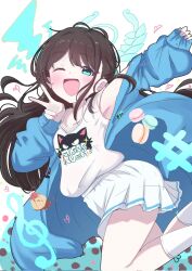 Rule 34 | 1girl, abstract background, airi (blue archive), animal print, aqua eyes, aqua halo, arm up, armpits, blue archive, blue jacket, blush, brown hair, cat print, cherry, collarbone, commentary request, dot nose, food, fruit, giorgio (yo sumire sola1), halo, happy, hashtag, heart, highres, jacket, jumping, legs, long hair, long sleeves, looking at viewer, macaron, one eye closed, open clothes, open jacket, open mouth, pleated skirt, pudding, puffy long sleeves, puffy sleeves, shirt, skirt, socks, solo, sparkle, text print, treble clef, v, white shirt, white skirt, white socks