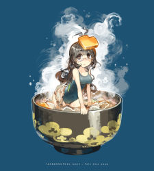 Rule 34 | 1girl, black eyes, black hair, blush, bowl, breasts, food, glasses, highres, in food, konno takashi (frontier pub), looking at viewer, miso soup, one-piece swimsuit, original, pork, solo, steam, sweat, swimsuit, wading