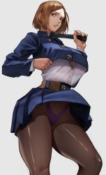 Rule 34 | 1girl, absurdres, baton (weapon), belt, breasts, brown eyes, brown hair, brown pantyhose, buttons, commentary request, cowboy shot, cropped jacket, fingernails, grey background, highres, holding, holding weapon, jujutsu kaisen, kugisaki nobara, large breasts, lips, panties, panties under pantyhose, pantyhose, pleated skirt, purple panties, shirt, skirt, solo, standing, teeth, thick thighs, thighs, thong, underwear, uniform, upskirt, weapon, white shirt, yoshio (55level)