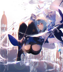 Rule 34 | 1girl, absurdres, arms up, ass, black gloves, black leotard, blue hair, building, cape, commentary, eula (genshin impact), eyes visible through hair, genshin impact, gloves, hair between eyes, hair ornament, hairband, highres, holding, holding sword, holding weapon, knees to chest, knees up, leotard, long sleeves, looking at viewer, medium hair, necktie, parted lips, purple eyes, re:rin, skyline, skyscraper, solo, sword, thighhighs, vision (genshin impact), weapon, zettai ryouiki