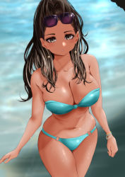Rule 34 | 1girl, :o, absurdres, bandeau, bikini, black hair, blue bandeau, blue bikini, blush, bracelet, breasts, collarbone, cowboy shot, day, earrings, eyewear on head, hair pulled back, highres, jewelry, large breasts, long hair, looking at viewer, moriton, navel, navel piercing, o-ring, o-ring bikini, o-ring bottom, original, outdoors, pearl bracelet, pearl earrings, piercing, ponytail, shiny skin, solo, standing, strapless, strapless bikini, sunglasses, swimsuit, thigh gap, water, wet