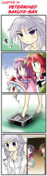 Rule 34 | 4girls, 4koma, bat wings, bathroom scale, blue eyes, blue hair, blush, bow, braid, check translation, china dress, chinese clothes, comic, crescent, dress, closed eyes, female focus, frown, grey eyes, hair bow, hard-translated, hat, hat bow, hong meiling, izayoi sakuya, long hair, long image, long sleeves, morogami ryou, multiple girls, night clothes, o o, patchouli knowledge, purple hair, red eyes, red hair, remilia scarlet, sakuya-sans sweet tooth, short hair, sidelocks, silver hair, star (symbol), staring, sweatdrop, tall image, embodiment of scarlet devil, third-party edit, touhou, translated, translation request, twin braids, weighing scale, wings