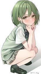 Rule 34 | 1girl, absurdres, bare legs, black footwear, black legwear, blush, bow, bowtie, closed mouth, elbows on knees, expressionless, full body, green eyes, green hair, grey background, hands on own cheeks, hands on own face, highres, idolmaster, idolmaster shiny colors, kawai ritsu (rits meg), looking at viewer, looking to the side, nanakusa nichika, plaid, plaid skirt, pleated skirt, school uniform, shadow, short hair, short sleeves, simple background, skirt, solo, squatting, striped, striped bow, thighs, vest
