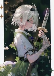 Rule 34 | 1girl, absurdres, bandaged arm, bandages, border, commentary, floral print, flower, from side, green background, green eyes, green flower, green jacket, green skirt, highres, jacket, konpaku youmu, looking at viewer, shirt, skirt, solo, sparkle, theheavenpit, touhou, white border, white hair, white shirt