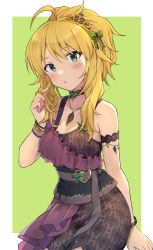 Rule 34 | 1girl, :o, absurdres, ahoge, alternate hairstyle, arm garter, blonde hair, blush, bracelet, breasts, brown dress, cleavage, commentary request, dress, green background, green eyes, highres, hoshii miki, idolmaster, idolmaster (classic), jewelry, looking at viewer, medium breasts, shuucream (syuichi), sleeveless, sleeveless dress, solo, two-tone background, white background