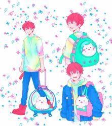 Rule 34 | 1boy, backpack, bag, bibibimix39, closed eyes, collage, dog, given, hood, hoodie, kedama (given), male focus, open clothes, open mouth, satou mafuyu, simple background, smile, snowflake print, white background, white dog, white hoodie