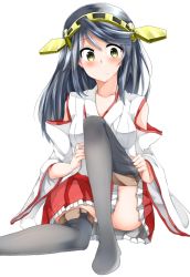 Rule 34 | 10s, 1girl, adjusting clothes, adjusting legwear, bare shoulders, black hair, blush, boots, detached sleeves, frown, haruna (kancolle), kantai collection, nontraditional miko, panties, pantyshot, personification, pleated skirt, sitting, skirt, solo, thigh boots, thighhighs, tsukui kachou, underwear, upskirt, white panties, yellow eyes, zettai ryouiki